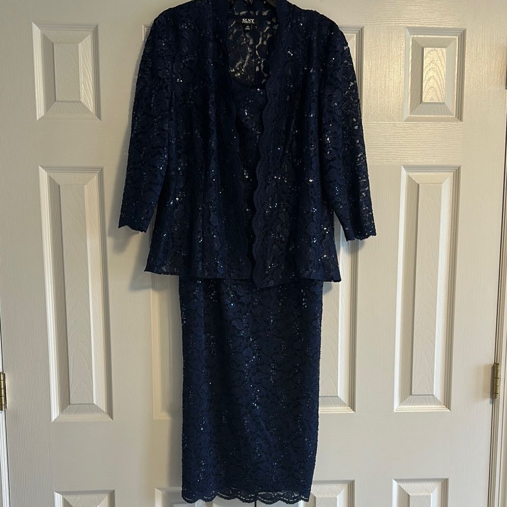 SLNY Women’s Elegant Navy Lace & Sequined Dress and Jacket Set - Size 14